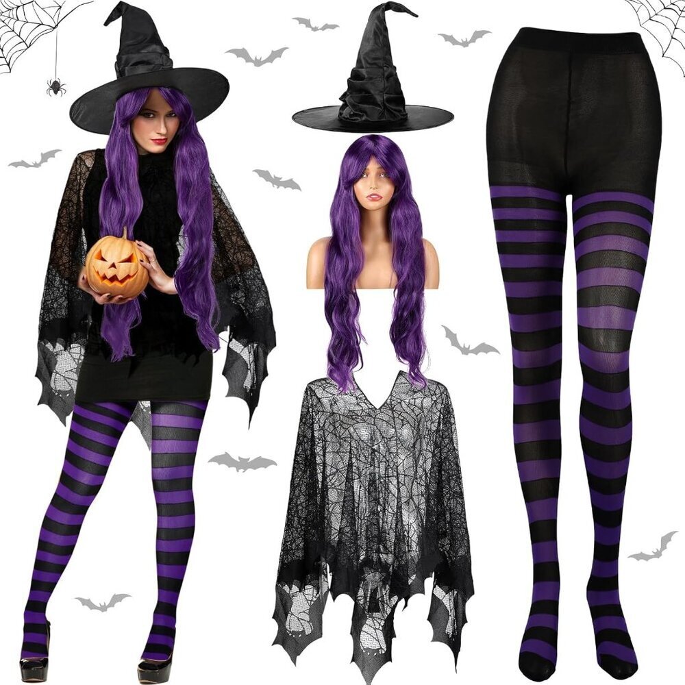Women Halloween Witch Costume Set Poncho Hat Wig Tights Cosplay